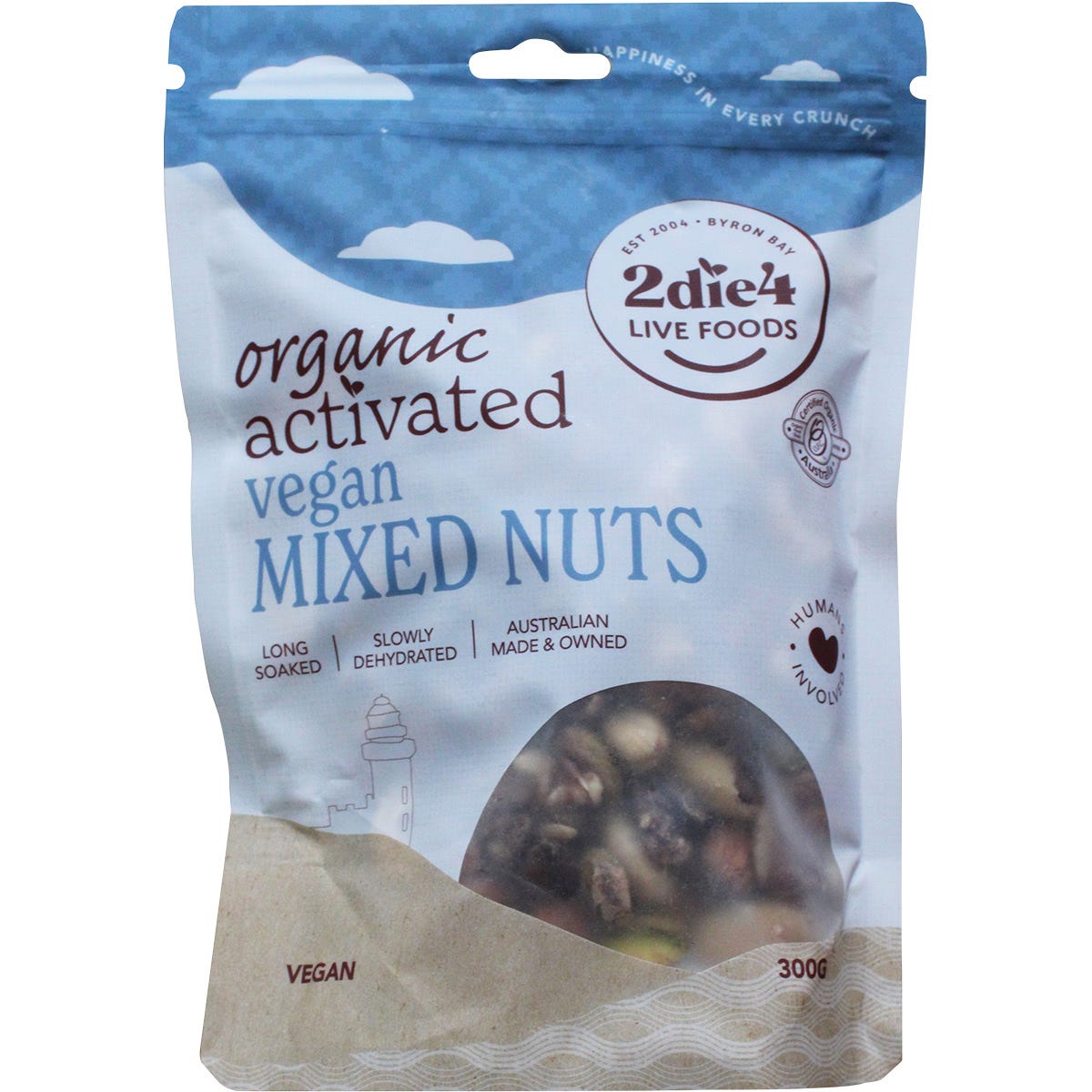 300g bag of 2die4 Live Foods Organic Activated Mixed Nuts Vegan with a variety of nuts shown on the label.