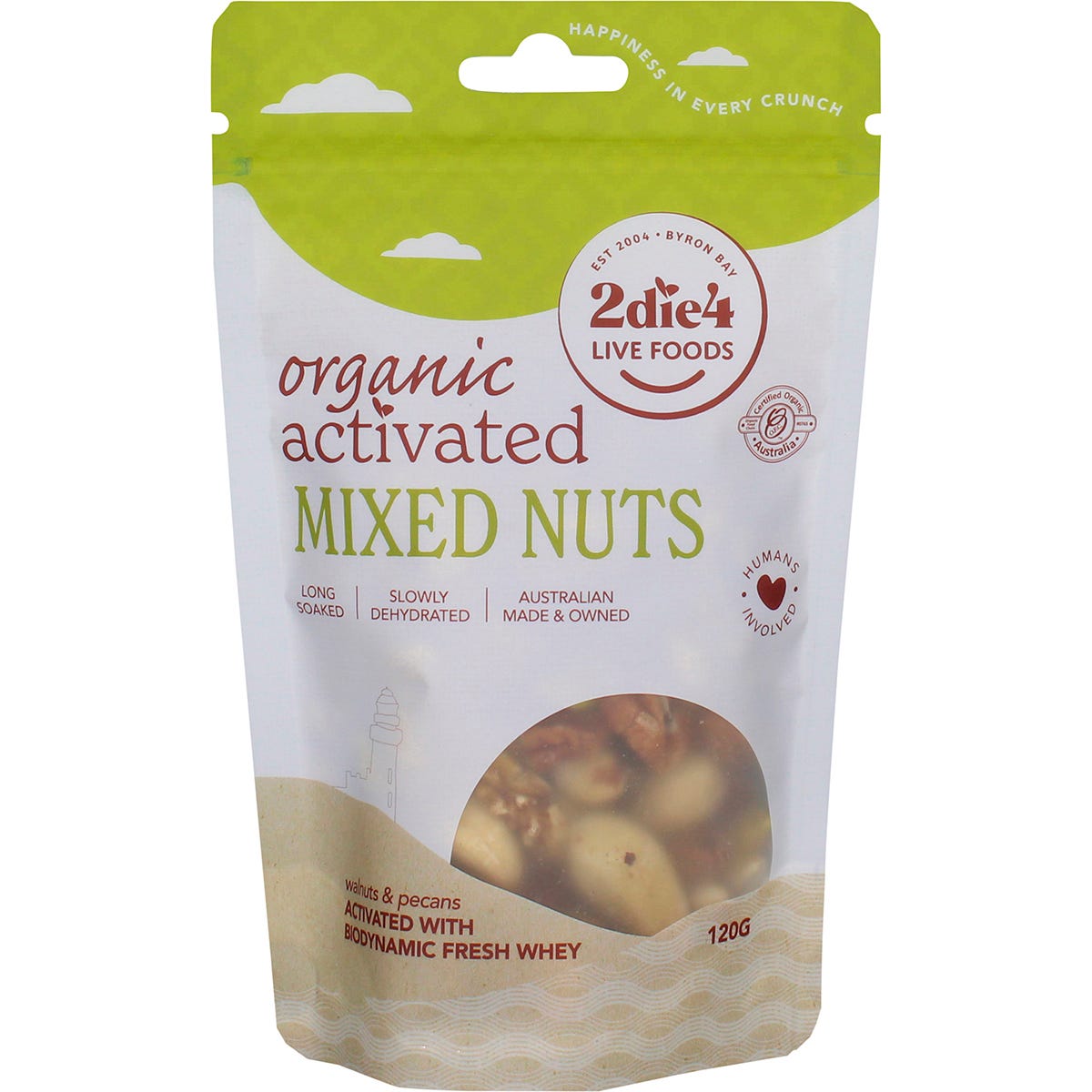 120g pack of 2die4 Live Foods Organic Activated Mixed Nuts with Fresh Whey, featuring a variety of nuts in a clear bag.