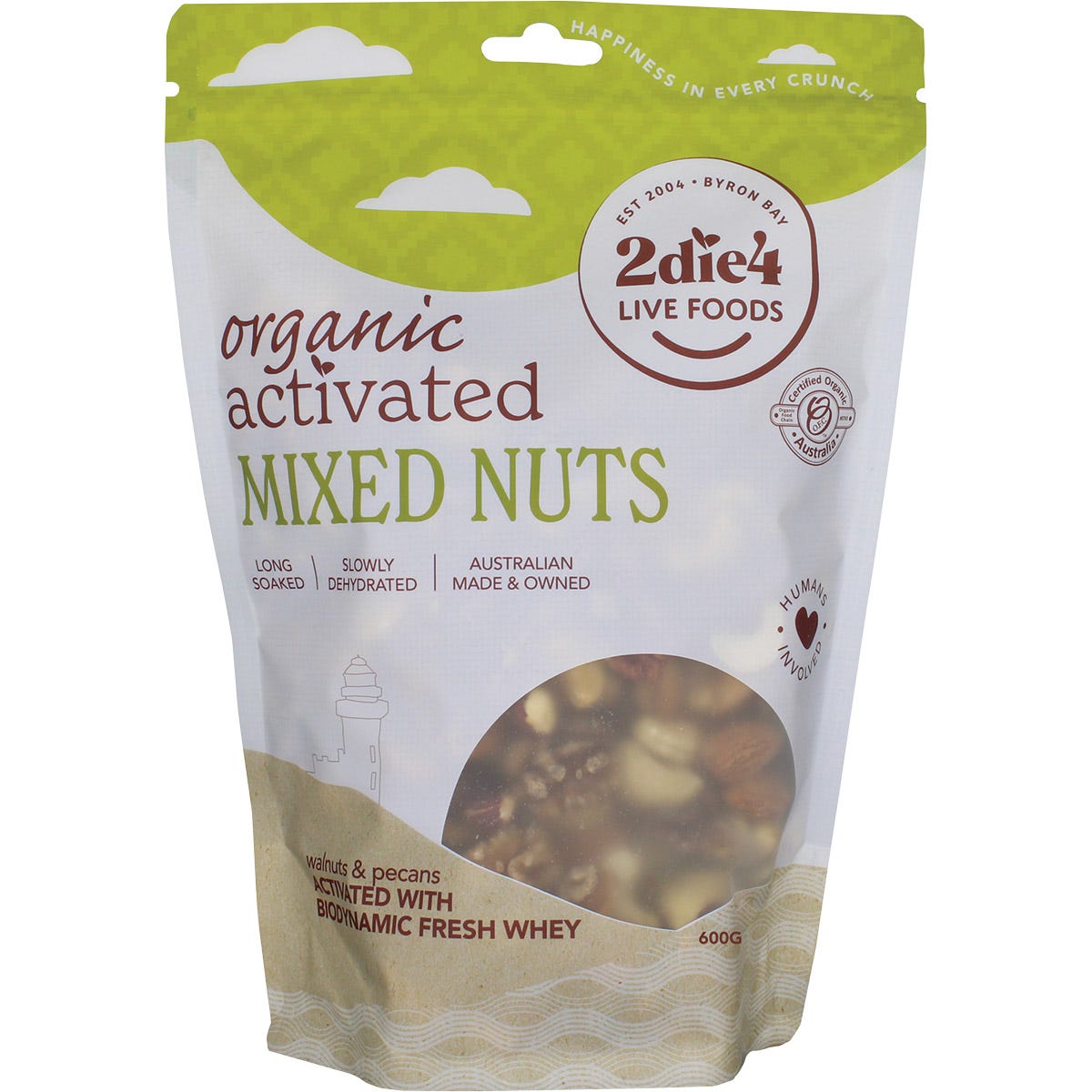 600g bag of 2die4 Live Foods Organic Activated Mixed Nuts with Fresh Whey featuring various nuts on the label.