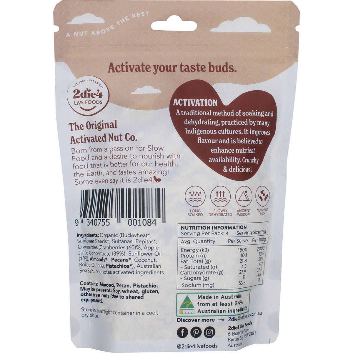2die4 Live Foods 300g bag of Organic Activated Vegan Muesli featuring a blend of nuts, seeds, and berries.