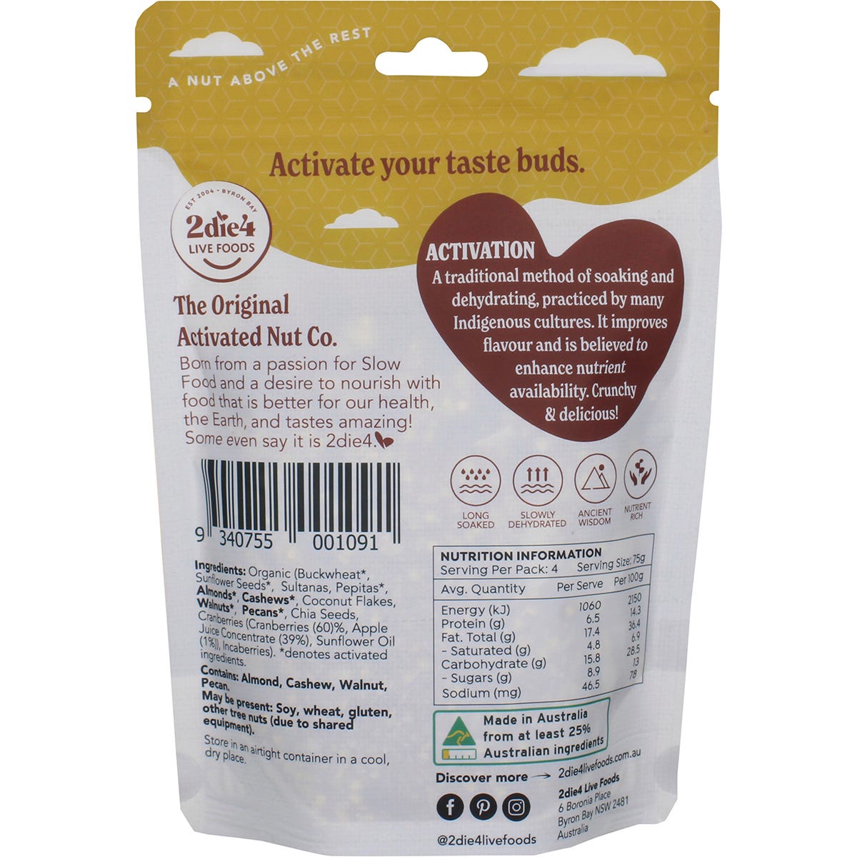 2Die4 Live Foods 300g Organic Activated Paleo Muesli bag with nuts and seeds on a white background.