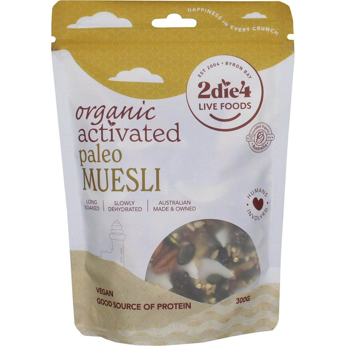2Die4 Live Foods 300g Organic Activated Paleo Muesli bag with nuts, seeds, and fruit on a white background.