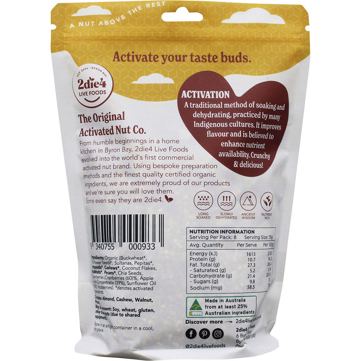 600g bag of 2die4 Live Foods Organic Activated Paleo Muesli on a white background.