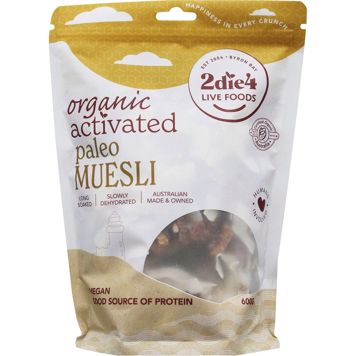 600g bag of 2die4 Live Foods Organic Activated Paleo Muesli with nuts, seeds, and berries on a white background.