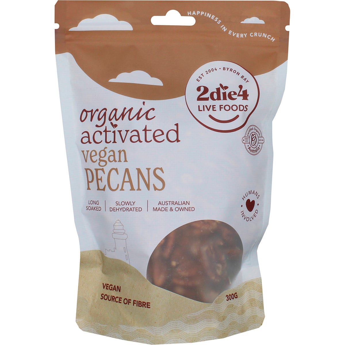 300g bag of 2die4 Live Foods organic activated vegan pecans on a white background.