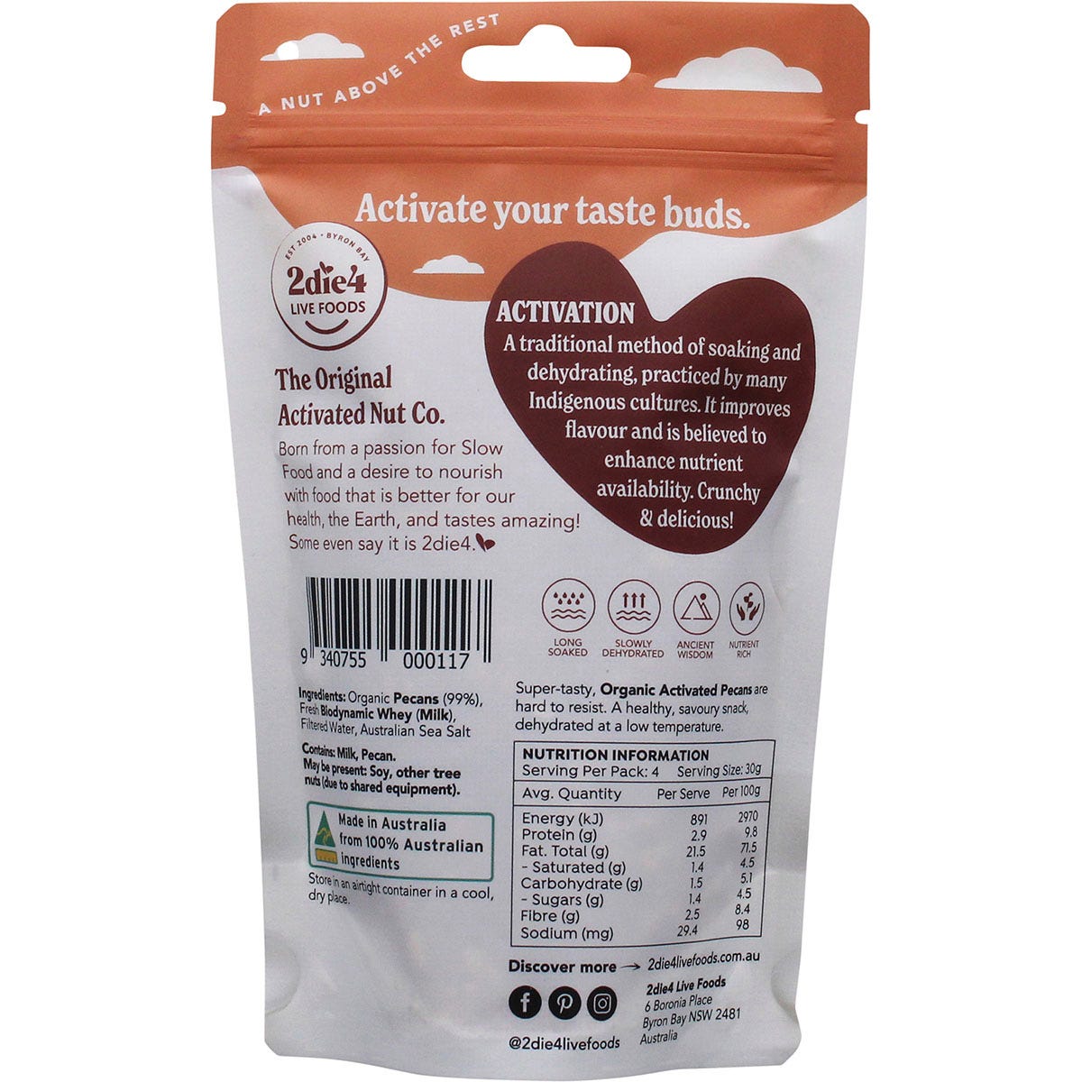 2die4 Live Foods Organic Activated Pecans with Fresh Whey 120g Payless 4 Organics