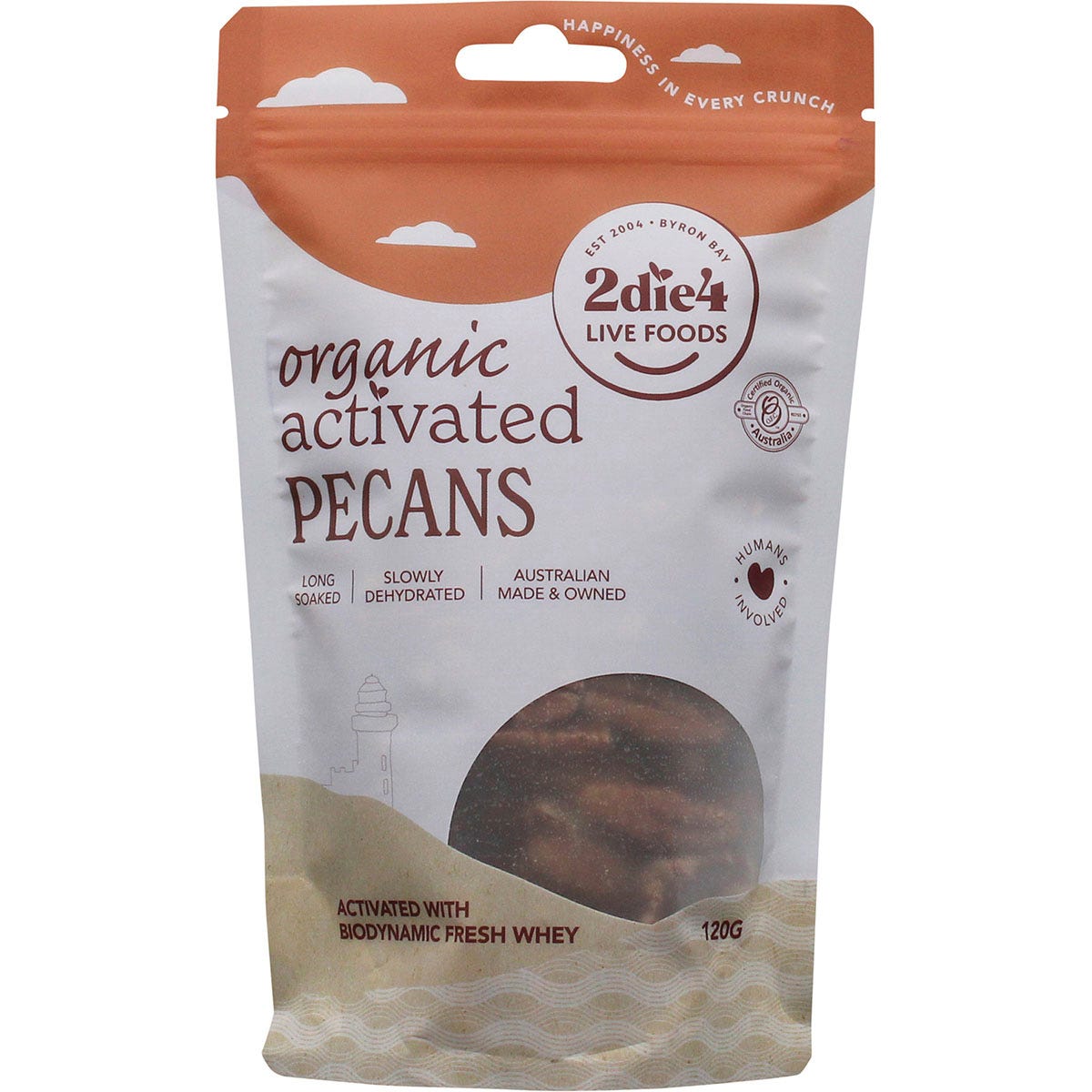 120g bag of 2die4 Live Foods Organic Activated Pecans with Fresh Whey on a white background.