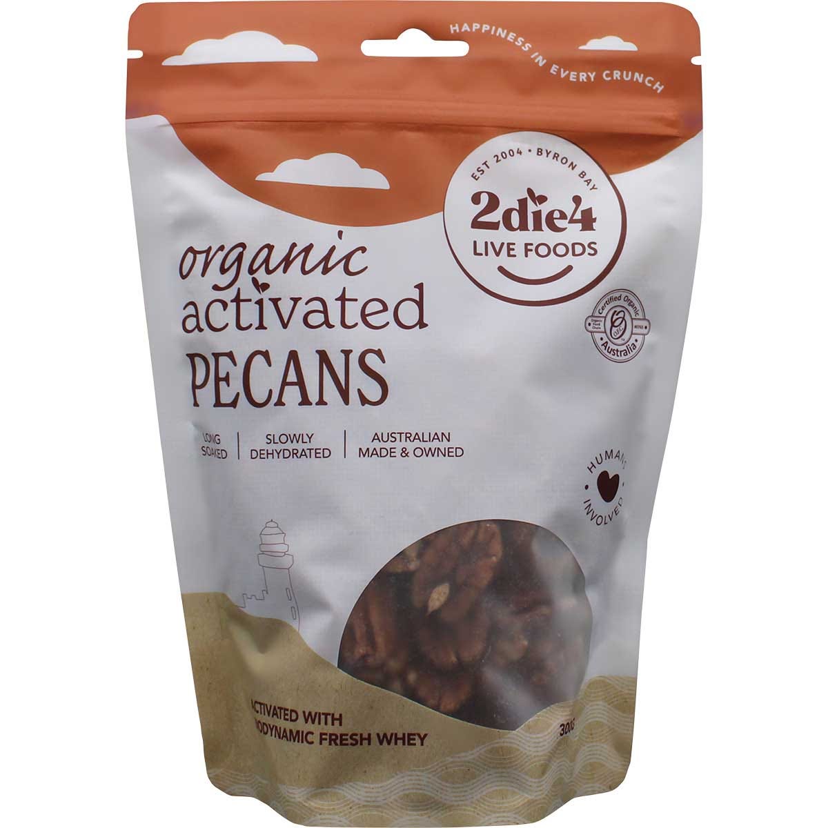 300g bag of 2die4 Live Foods Organic Activated Pecans with Fresh Whey on a white background.