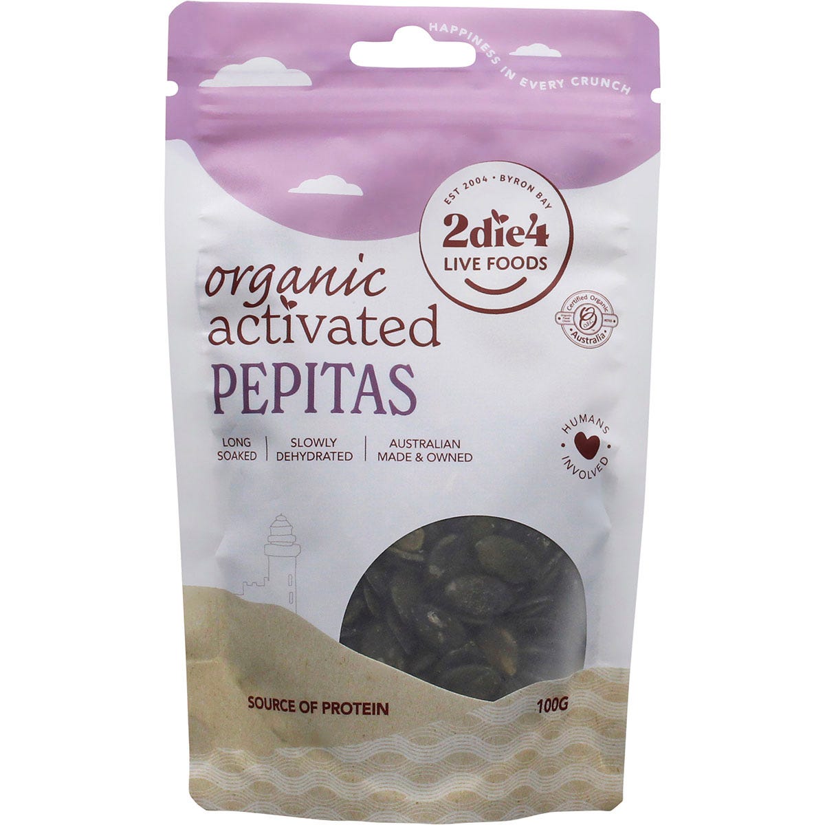 100g bag of 2die4 Live Foods Organic Activated Pepitas on a white background with product branding and details.