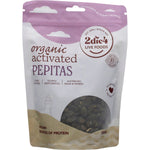 250g bag of 2die4 Live Foods Organic Activated Pepitas with green pumpkin seeds visible through a clear window.
