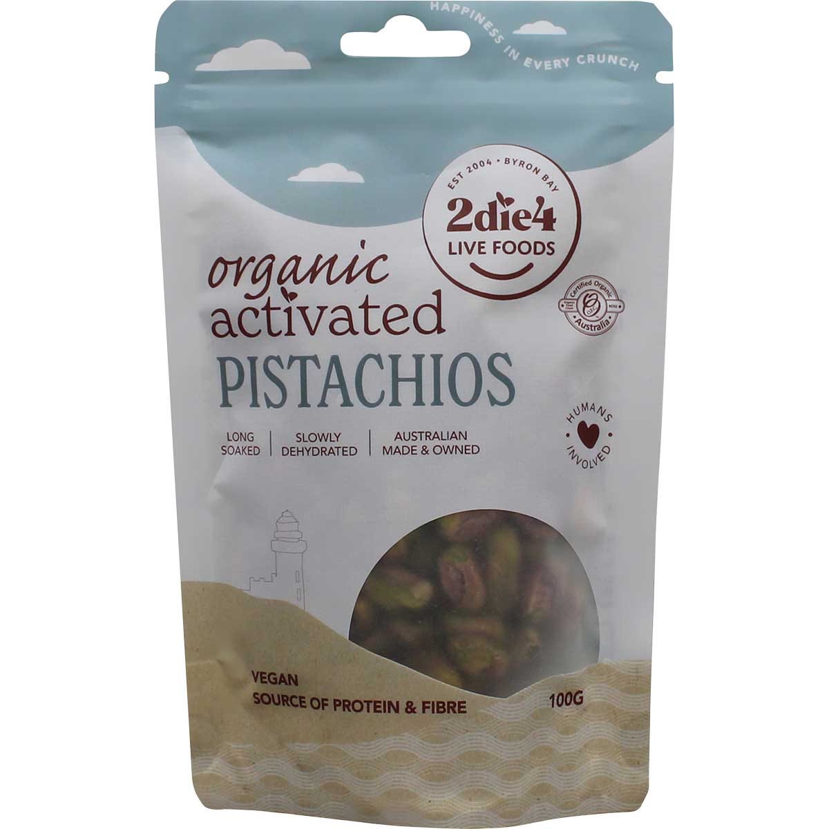 100g bag of 2die4 Live Foods Organic Activated Pistachios with green label and raw nuts on a white background.