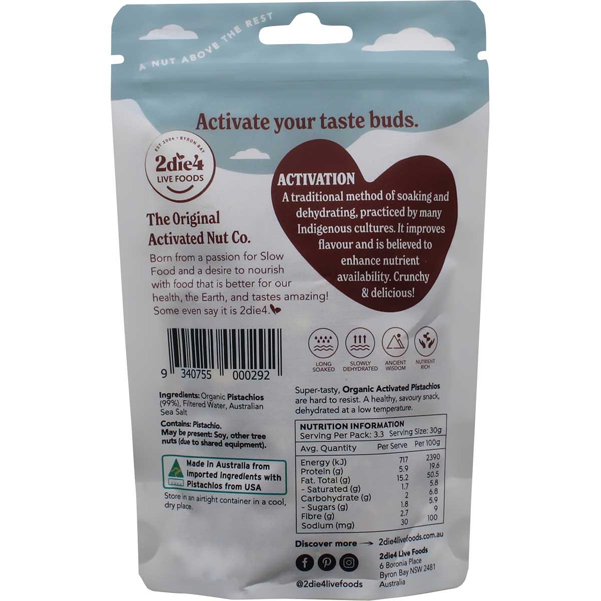 A 100g bag of 2die4 Live Foods Organic Activated Pistachios shown against a plain white background.