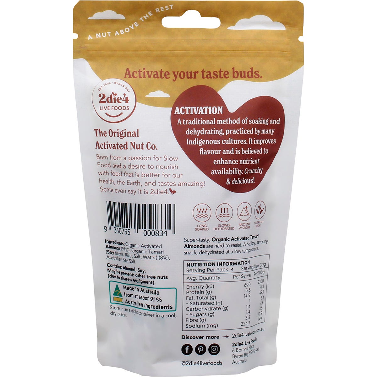 120g bag of 2die4 Organic Activated Tamari Almonds against a white background.