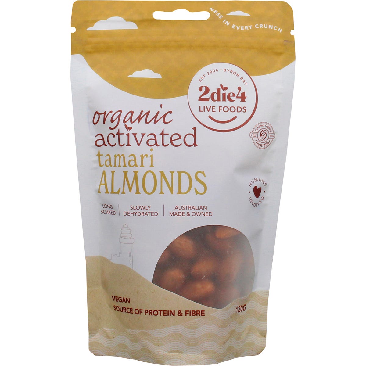 120g bag of 2die4 Live Foods Organic Activated Tamari Almonds featuring a clear window and gold accents.