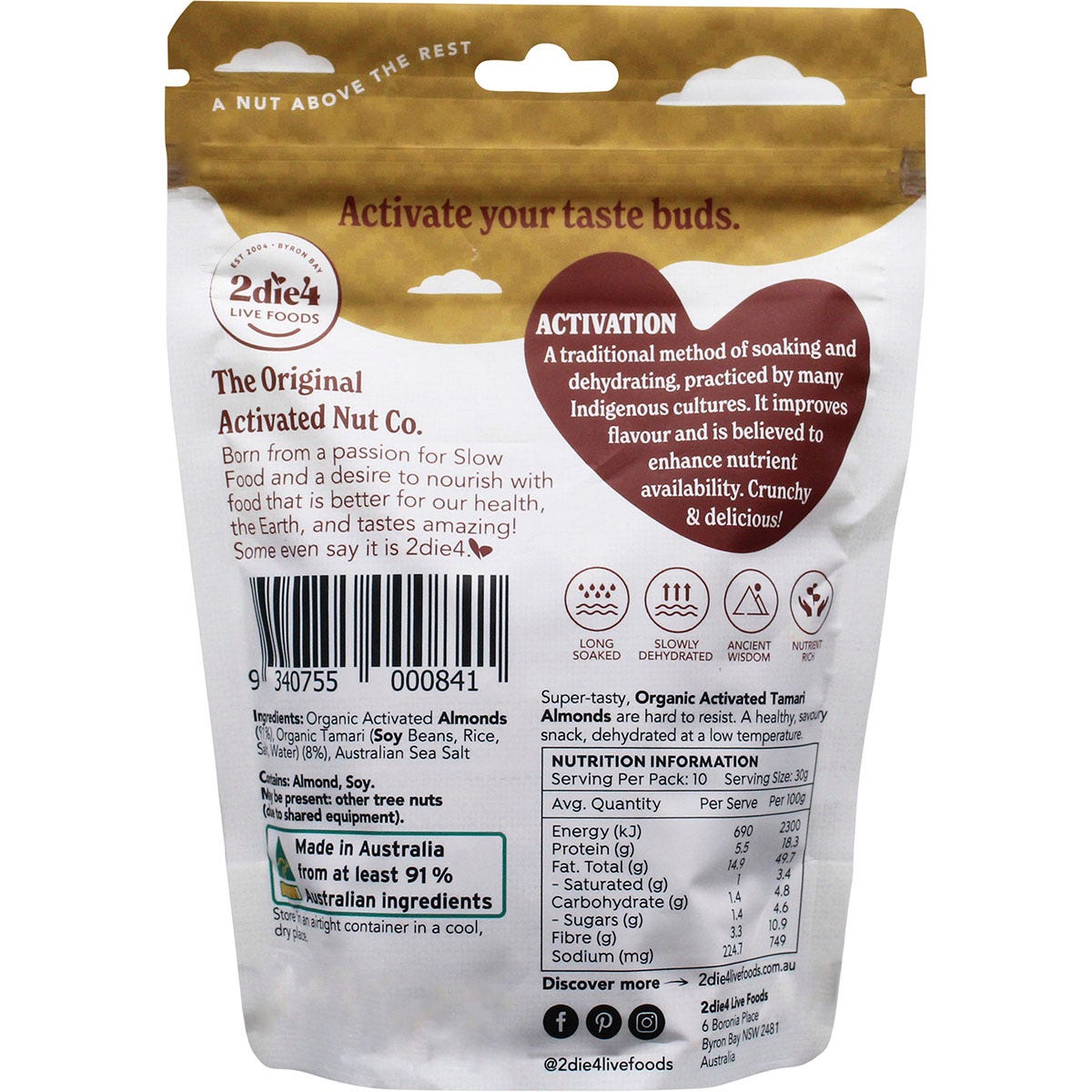 2die4 Live Foods Organic Activated Tamari Almonds 300g Payless 4 Organics