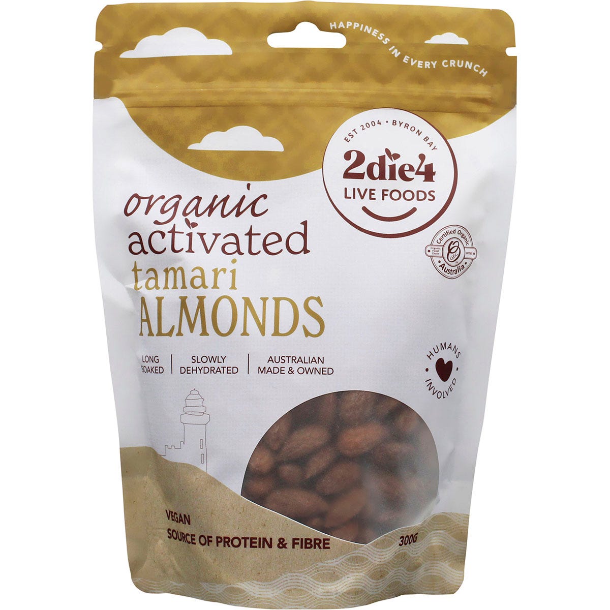 300g bag of 2die4 Live Foods Organic Activated Tamari Almonds with a clear window and beige label.