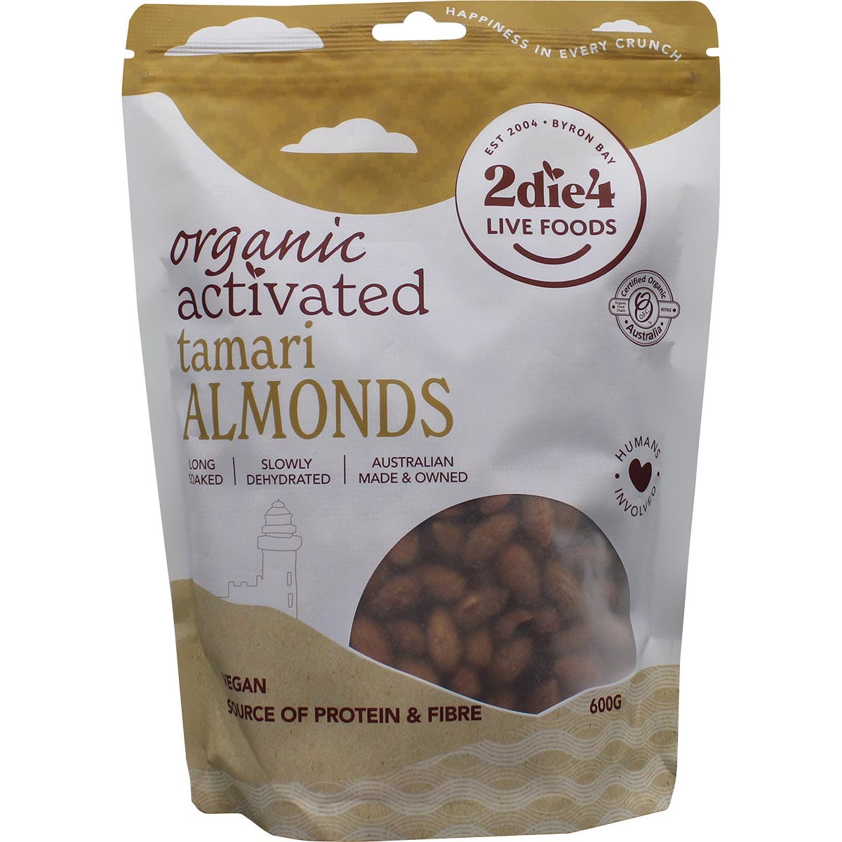 600g bag of 2die4 Live Foods Organic Activated Tamari Almonds featuring a lighthouse logo on a white background.