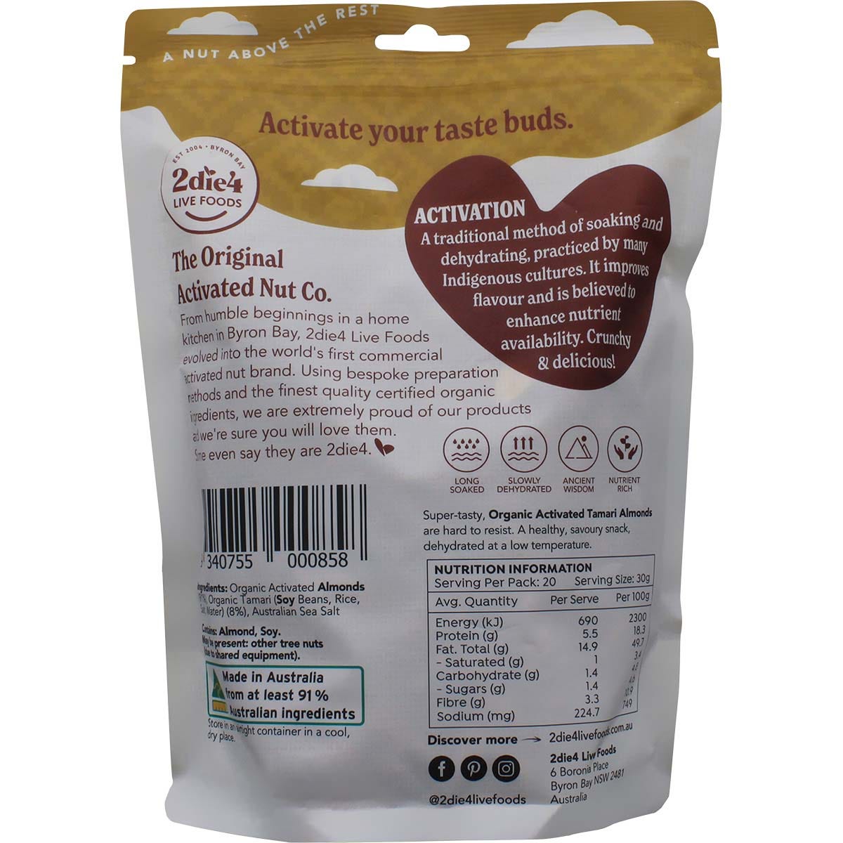 600g bag of 2die4 Live Foods Organic Activated Tamari Almonds on a plain white background.