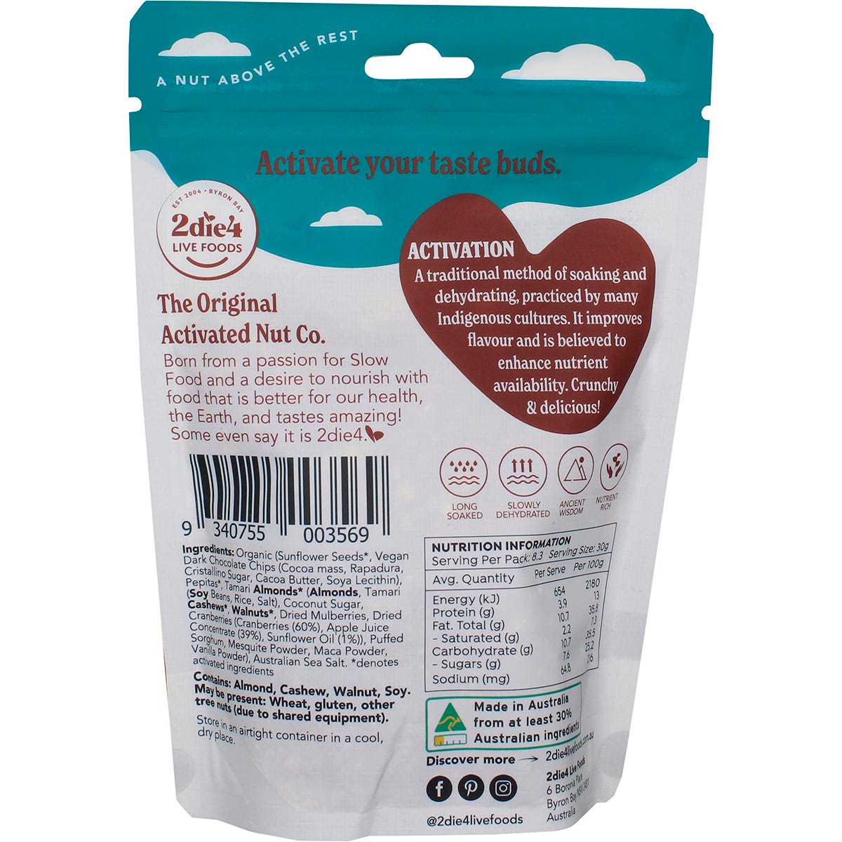 Back of a 250g bag of 2die4 Organic Activated Trail Mix showing ingredients and nutritional information.