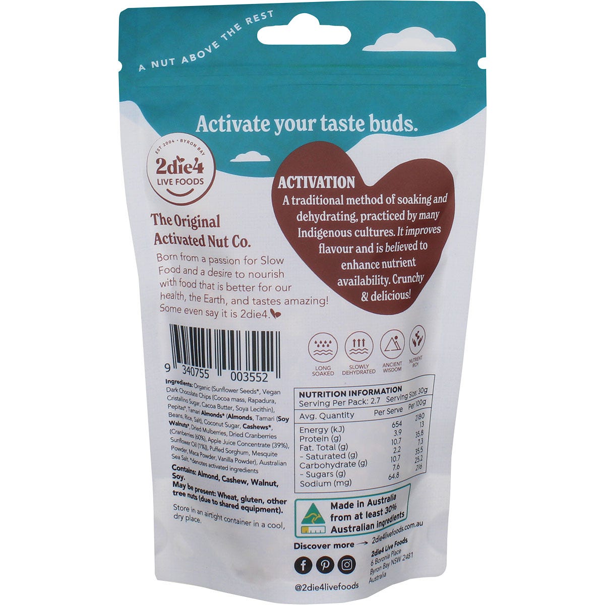 80g bag of 2die4 Live Foods Organic Activated Trail Mix showing ingredients like nuts and seeds on a white background.
