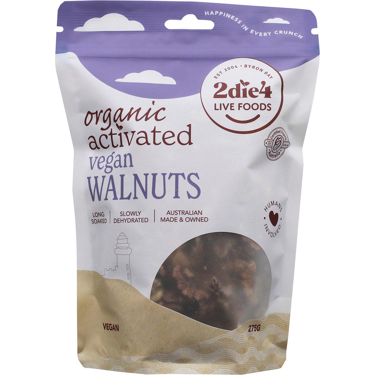 275g bag of 2die4 Live Foods Organic Activated Walnuts Vegan featuring a clear window and gold text on a white background.