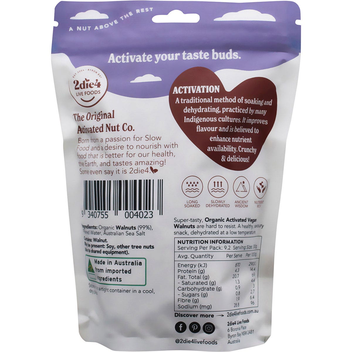 275g bag of 2die4 Live Foods Organic Activated Walnuts Vegan on a white background.