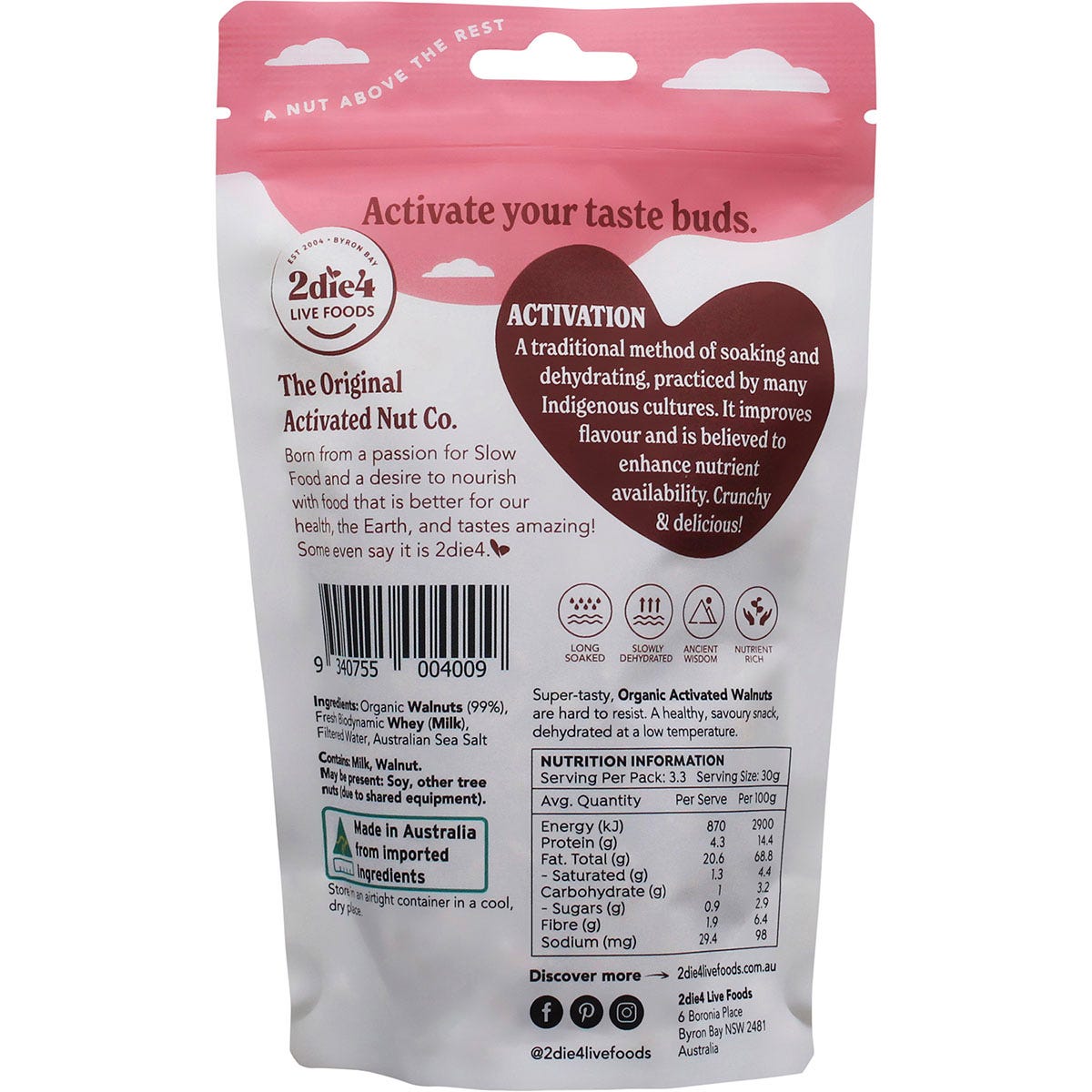 2die4 Live Foods 100g bag of Organic Activated Walnuts with Fresh Whey on a white background.