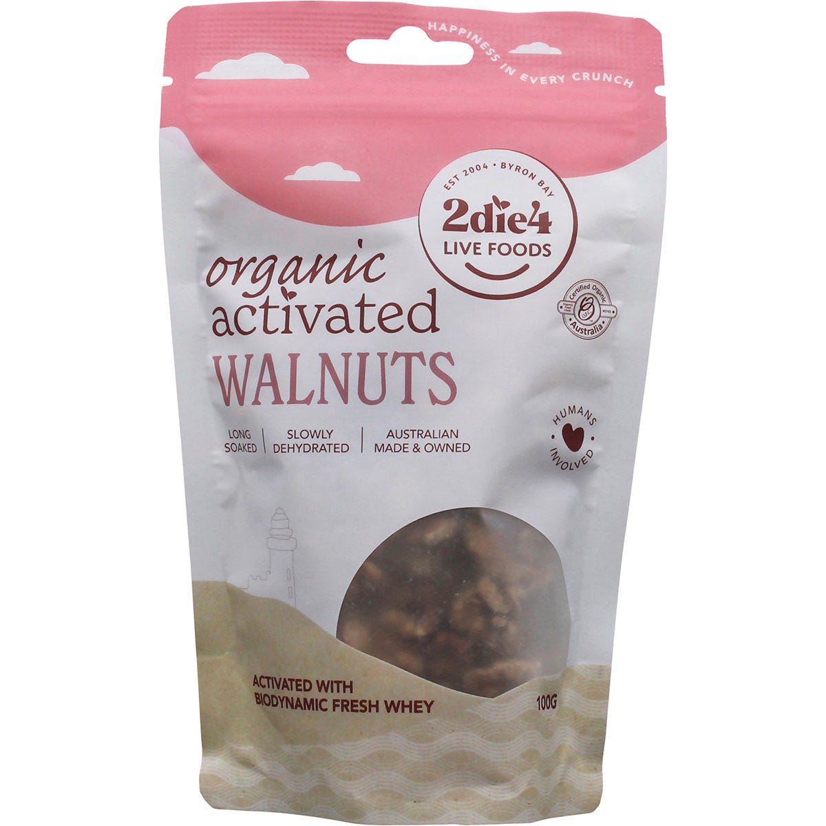 100g bag of 2die4 Live Foods Organic Activated Walnuts with Fresh Whey on a white background.
