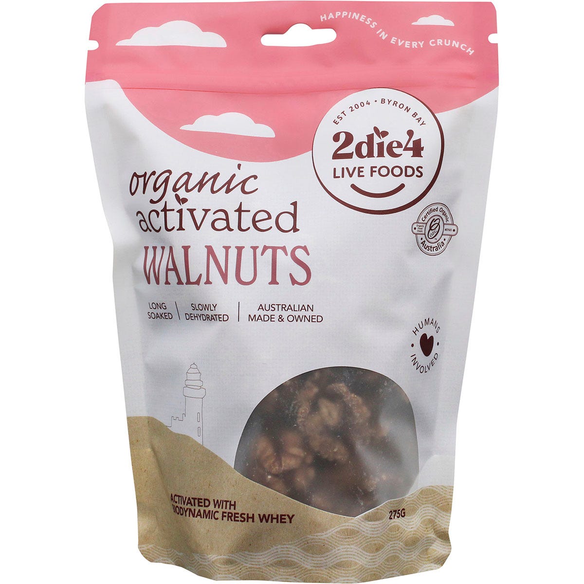 275g bag of 2die4 Live Foods Organic Activated Walnuts with Fresh Whey on a white background.