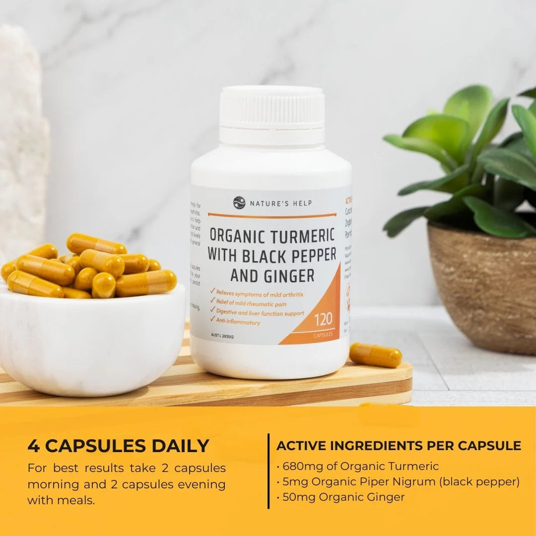 Infographic showing Nature's Help turmeric capsules are Australian owned, certified organic, gluten-free, and vegan.