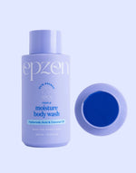 Blue bottle of Epzen Body Wash with hyaluronic acid and coconut oil, highlighting moisturizing ingredients.