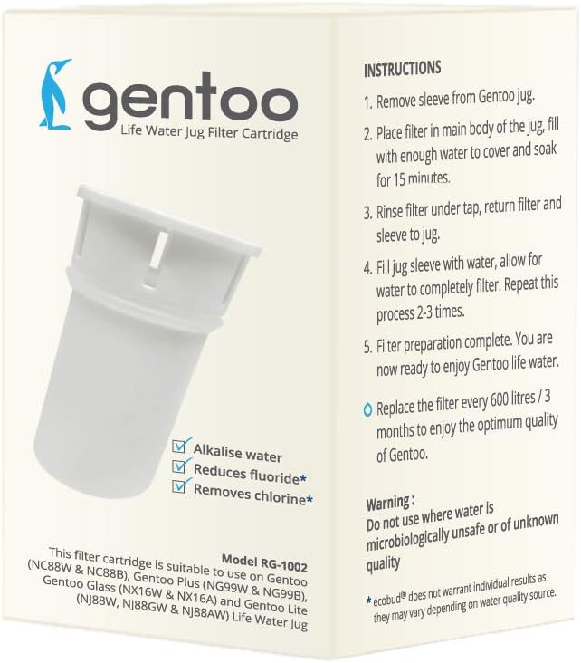 Side view of a white Ecobud Gentoo water filter replacement cartridge against a white background.