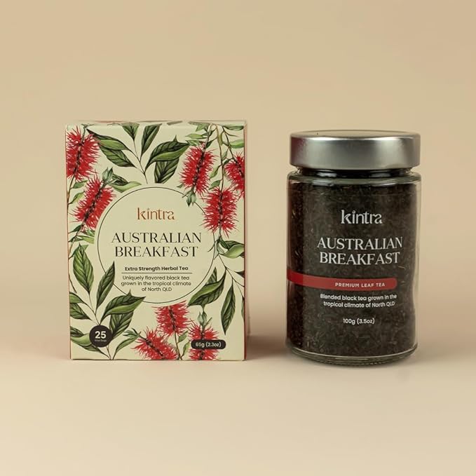 Side view of a Kintra Foods Australian Breakfast tea box highlighting its bold and full-bodied black tea flavor.