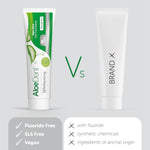 Side view of an Aloe Dent 100ml whitening toothpaste box showing product features and a triple action icon.