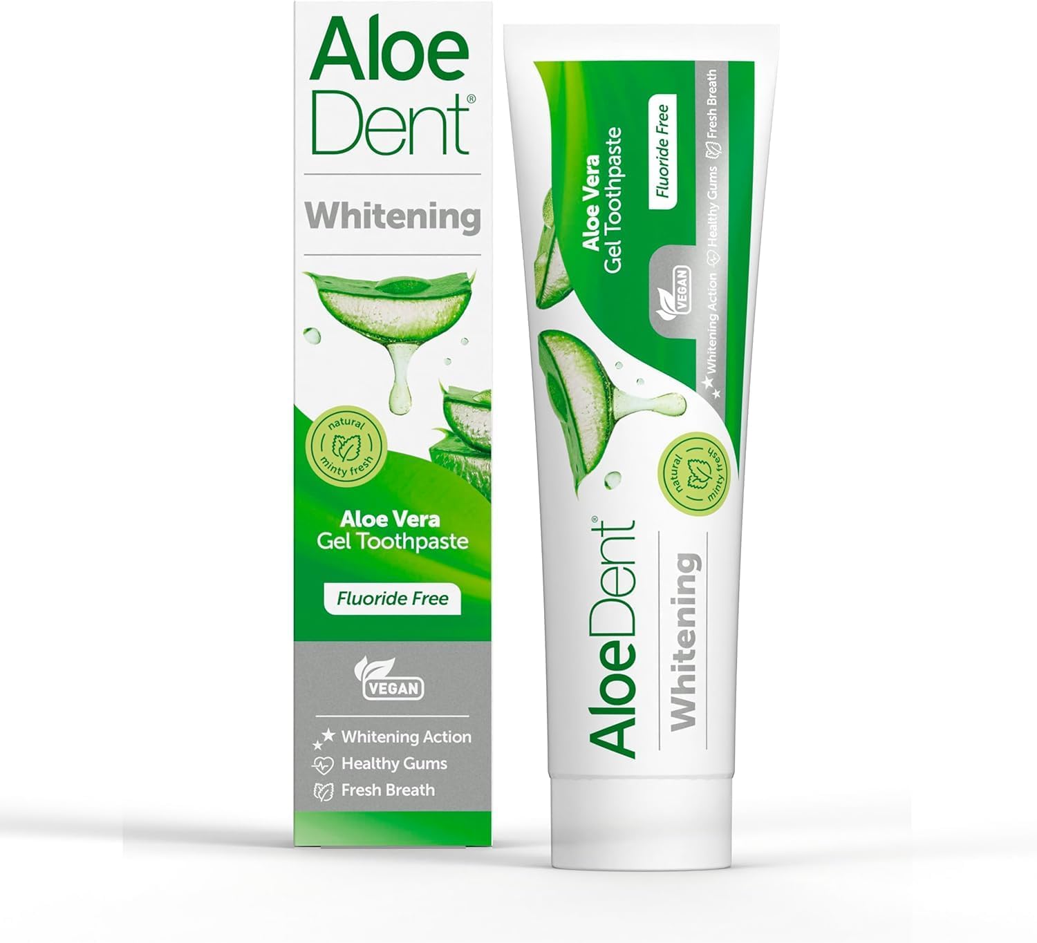 Back of Aloe Dent 100ml whitening toothpaste box showing ingredients list and natural protection features.