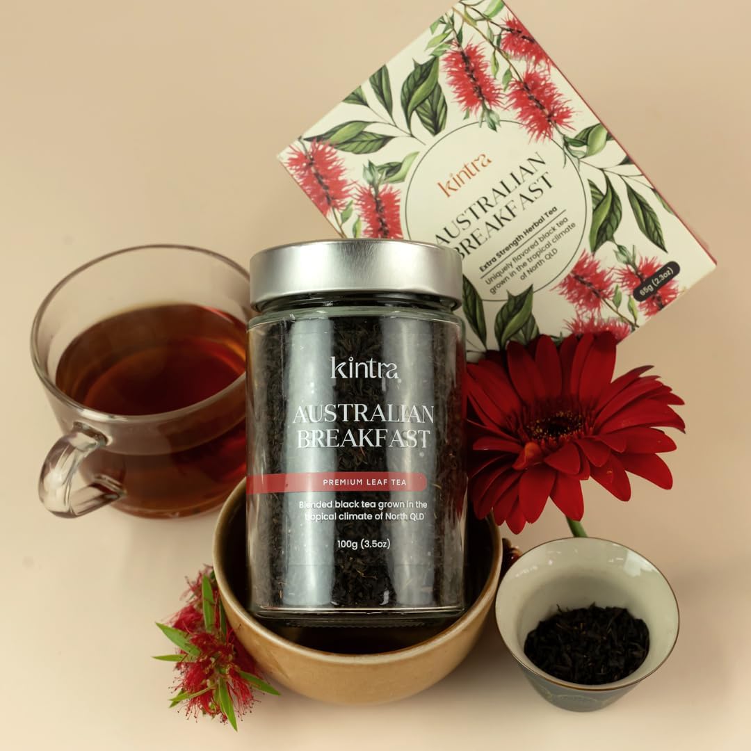 Side view of a Kintra Foods Australian Breakfast tea box showing brewing directions and product details.