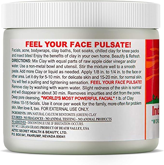Aztec Secret Indian Healing Clay 454g tub with a white lid and label featuring an Aztec pyramid.