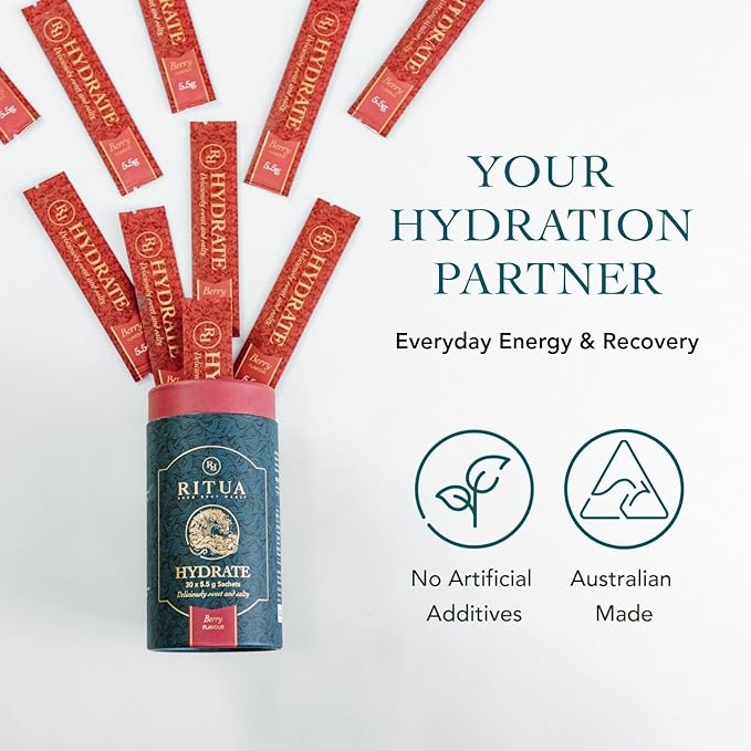 Infographic detailing the 1000mg sodium content in Ritua Hydrate Berry, featuring a pink sachet and salt imagery.