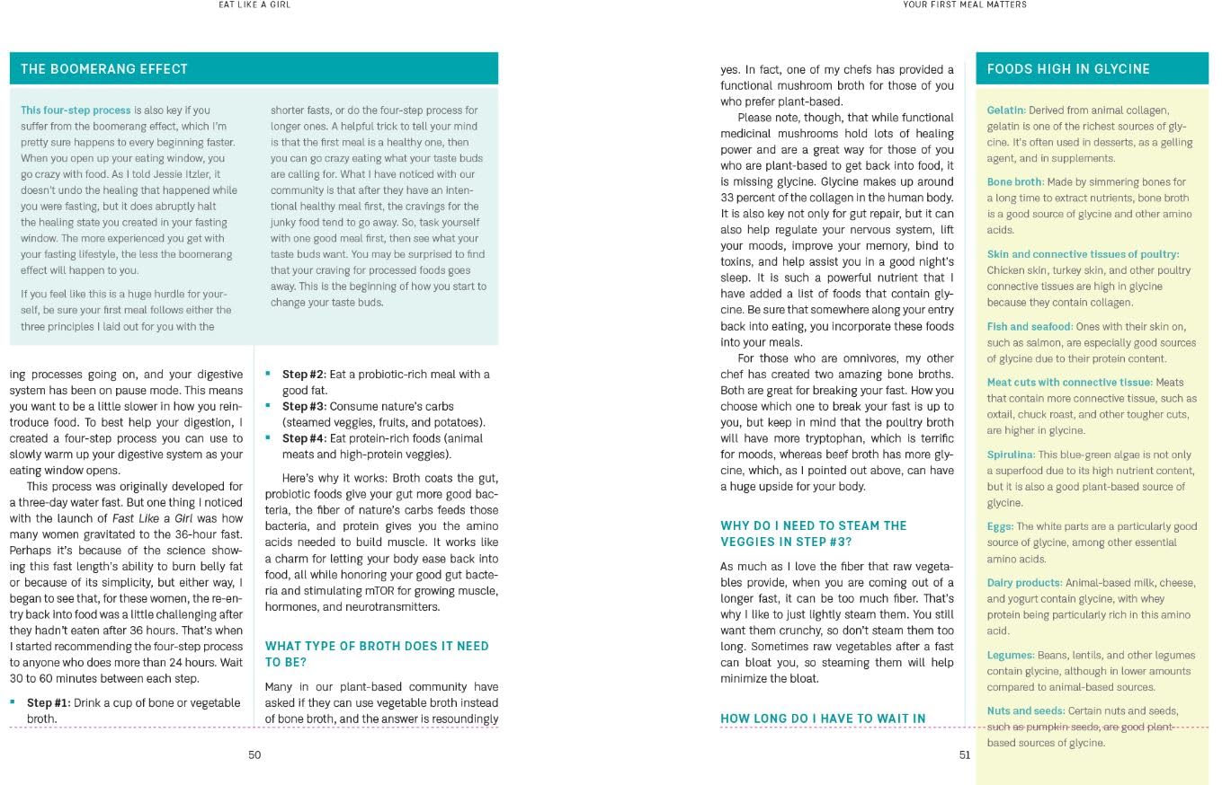 Interior page of Eat Like a Girl by Dr. Mindy Pelz featuring recipe images and health tips on a white background.