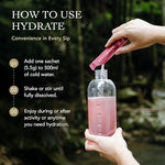 Infographic showing Ritua Hydrate Berry electrolytes with 1000mg sodium, 190mg potassium, and 70mg magnesium.