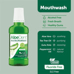250ml bottle of Aloe Dent Mouthwash showing natural ingredients like aloe vera and tea tree on the label.