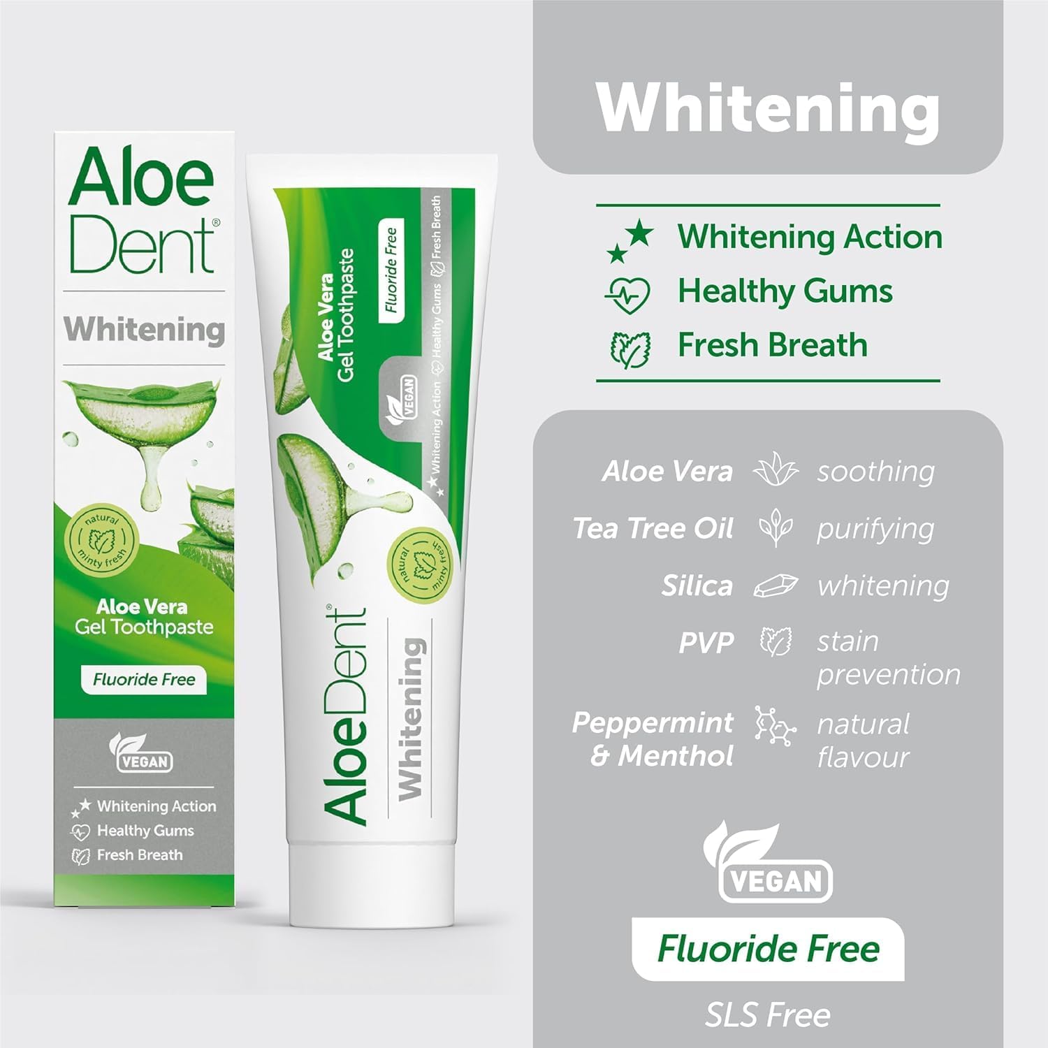 Aloe Dent 100ml whitening toothpaste tube shown from the front on a clean white background.