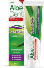 Back of Aloe Dent Fluoride Free Sensitive Toothpaste box showing ingredients, features, and directions.