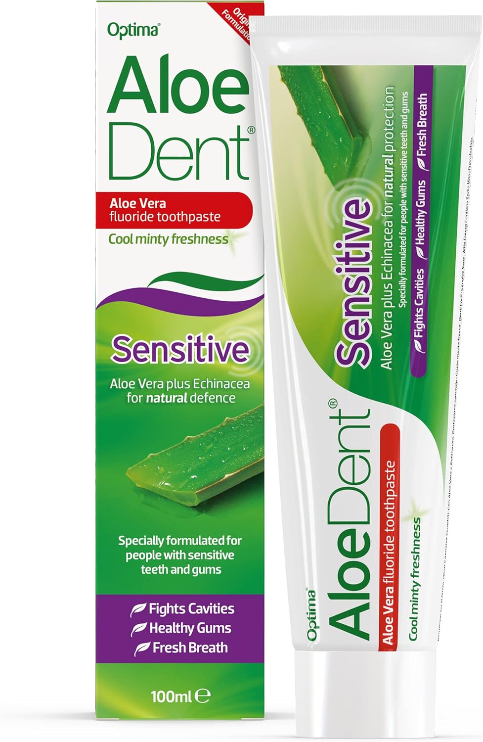 Back of Aloe Dent Fluoride Free Sensitive Toothpaste box showing ingredients, features, and directions.