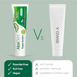 Infographic showing Aloe Dent Triple Action toothpaste is fluoride-free and SLS-free with natural ingredients.