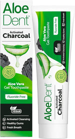 Aloe Dent Triple Action Charcoal Toothpaste 100ml tube and box featuring fluoride-free, natural whitening ingredients.