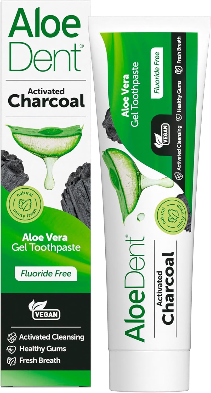 Aloe Dent Triple Action Charcoal Toothpaste 100ml tube and box featuring fluoride-free, natural whitening ingredients.