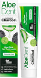 Aloe Dent Activated Charcoal Aloe Vera Gel Toothpaste tube with green and white design.