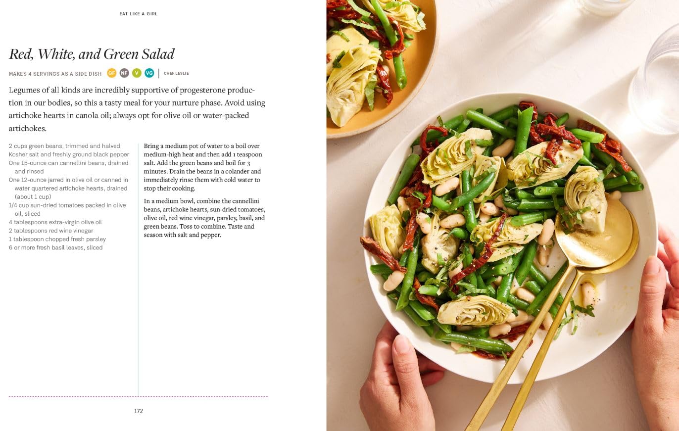 Interior page of Eat Like a Girl by Dr. Mindy Pelz featuring recipe photos and a quote on a white background.