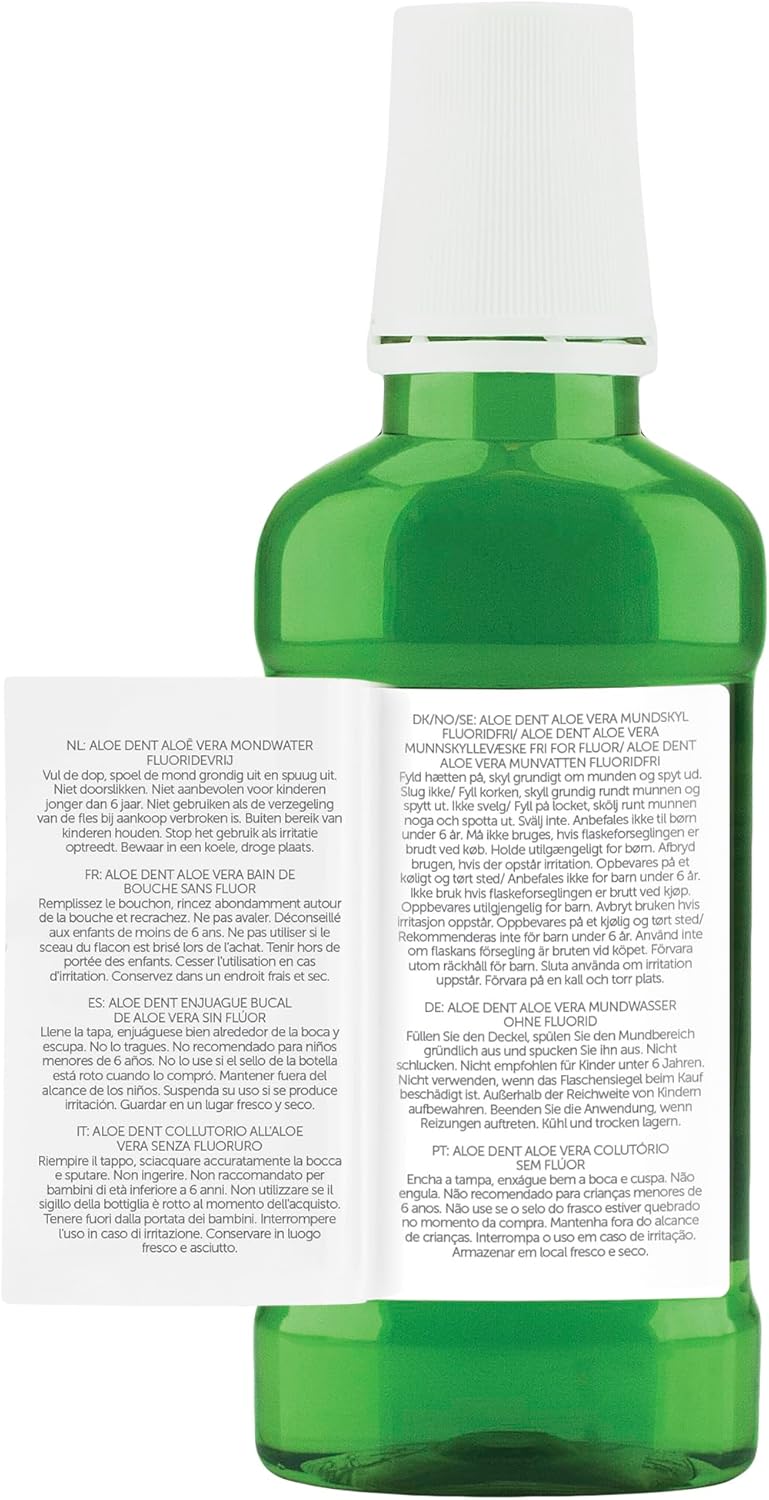 Close-up of a 250ml Aloe Dent Mouthwash bottle showing its 100% natural origin and fluoride-free formula.